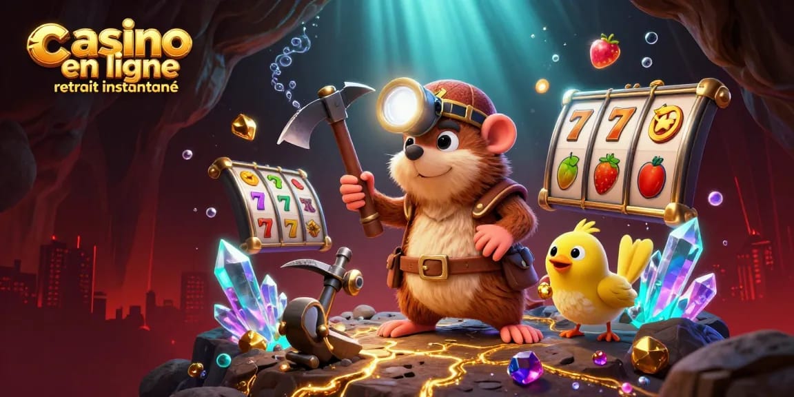 Recevez vos gains avec casino en ligne retrait instantané, illustré par un fouilleur entouré de trésors et d'éléments de jeu.