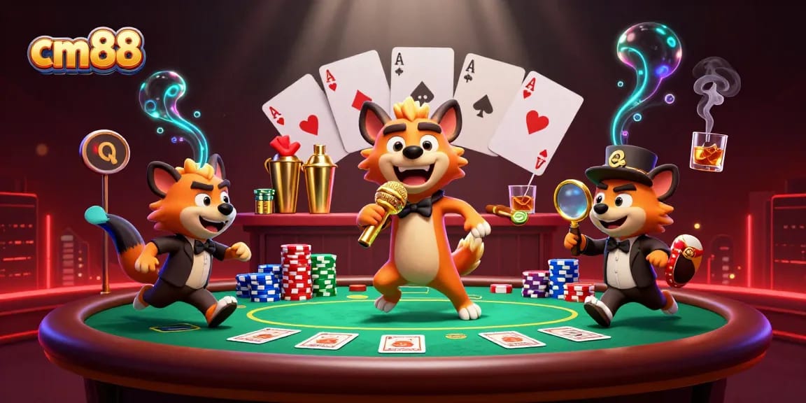 Experience the excitement of cm88 casino with animated characters, poker tables, and vibrant casino elements.