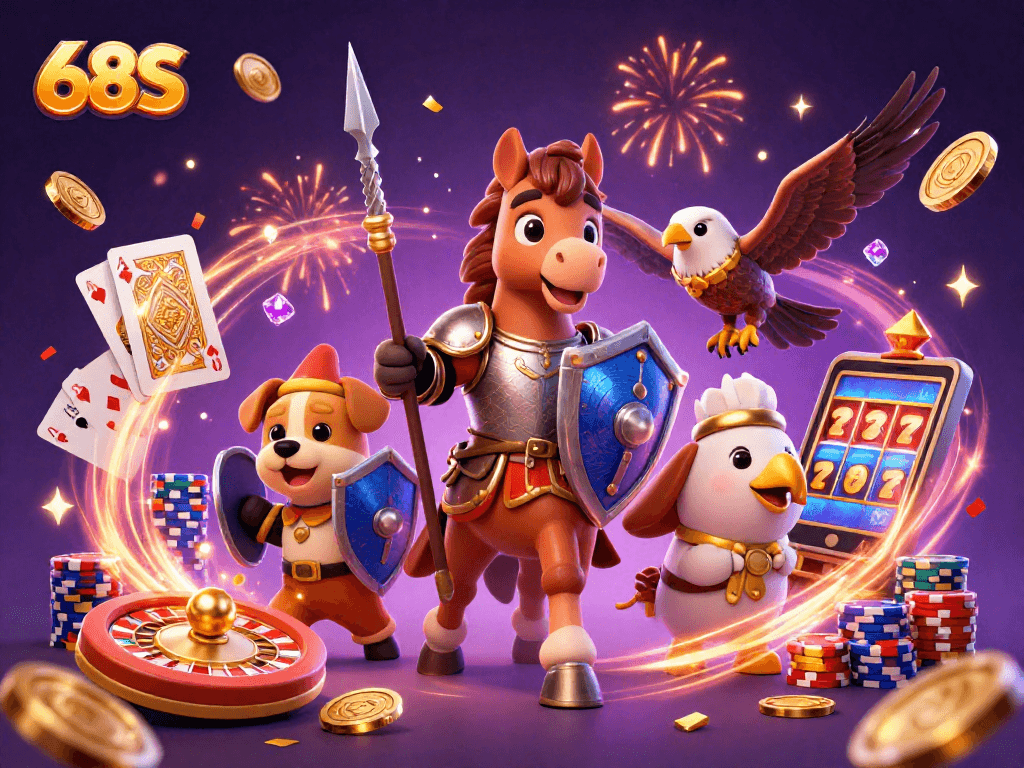 Atraia grandes prêmios com 68S em um cassino repleto de emocionantes elementos como moedas douradas e cartas de jogo.
