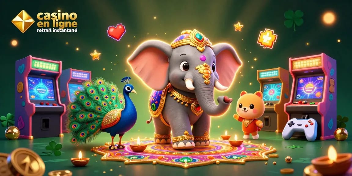 Retirez vos gains rapidement avec casino en ligne retrait instantané illustré par un éléphant à motifs Diwali.