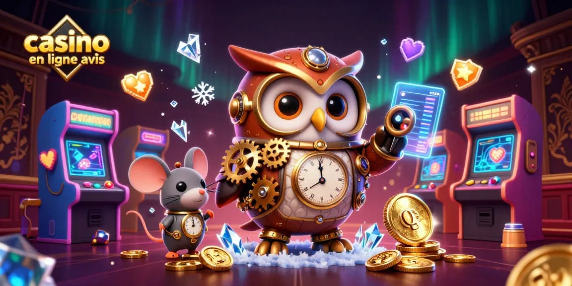 Explorez les avis sur les casinos en ligne avec cette illustration dynamique intégrant un hibou voyageur steampunk et des éléments futuristes.