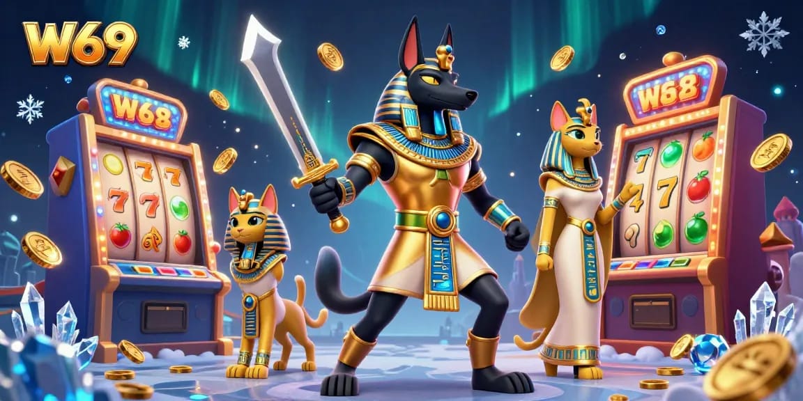 Spin the W69 slots with Anubis and Bastet, glowing games and treasures surrounding them.