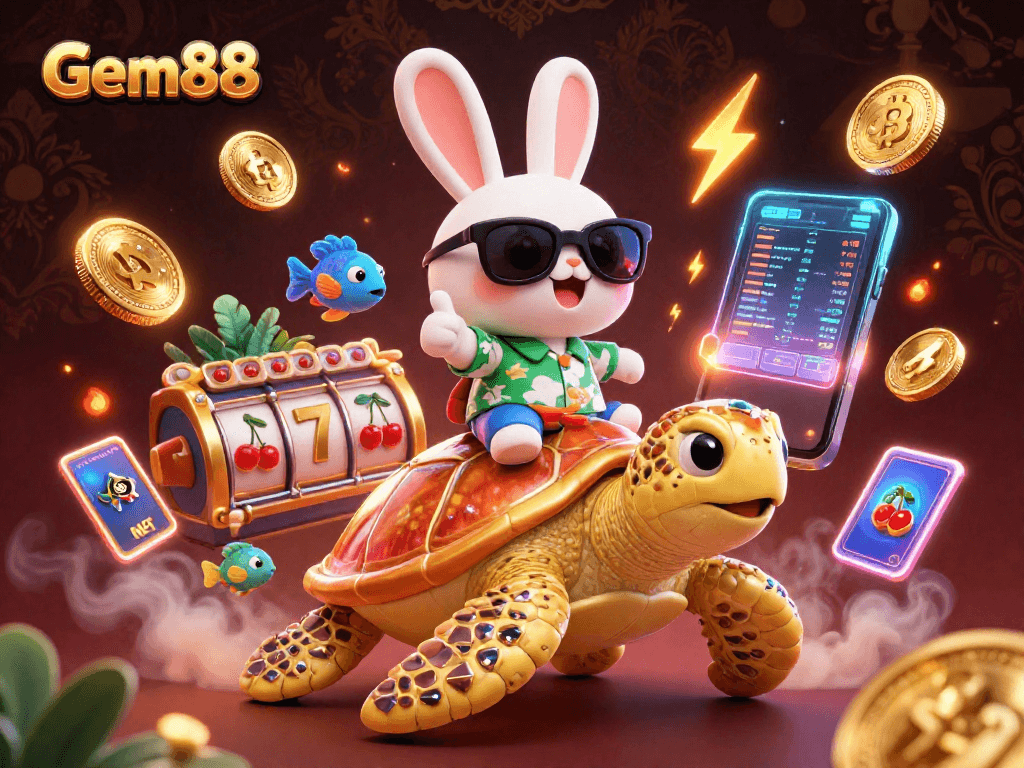 Experience winning fun with Gem88 as the lucky rabbit cheers on a golden turtle in a vibrant scene.