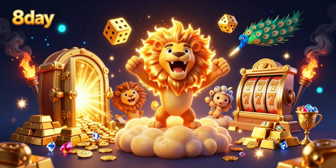 Engage in thrilling slots at 8day's captivating casino with golden treasures and vibrant elements.