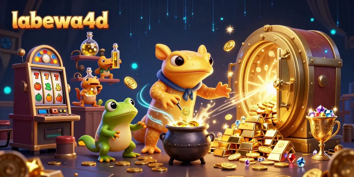 Menangkan jackpot slot dengan labewa4d, sambil dikelilingi karakter magis dan elemen kasino menarik.