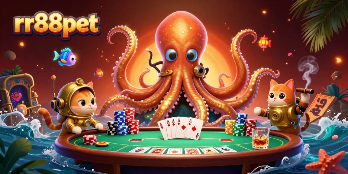 Play at rr88pet and experience thrilling poker with a colossal kraken and a diving cat in this vibrant casino illustration.