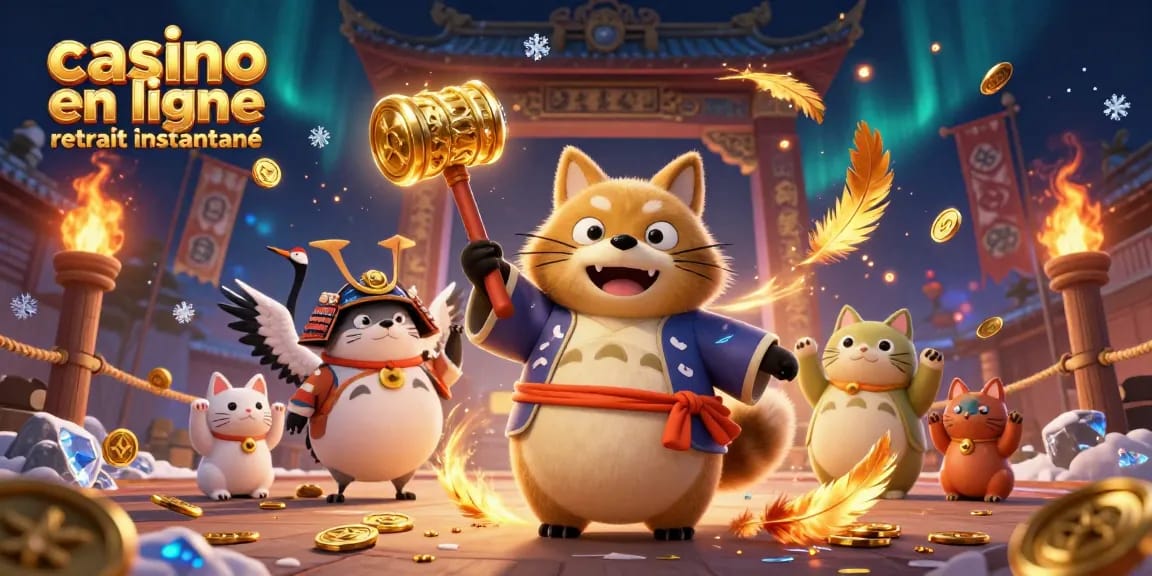 Casino en ligne retrait instantané : illustration dynamique de fortunes et jeux exaltants incluant un tanuki et des maneki-neko