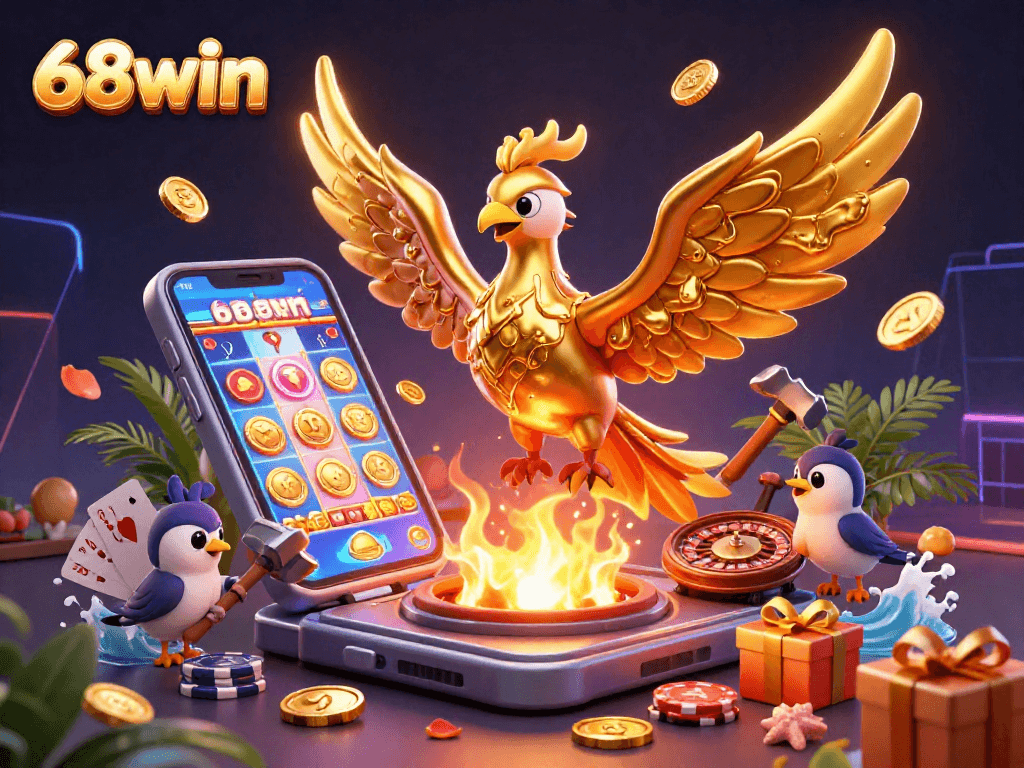 Join the excitement of 68win with a golden phoenix unleashing casino rewards amid vibrant gaming elements.