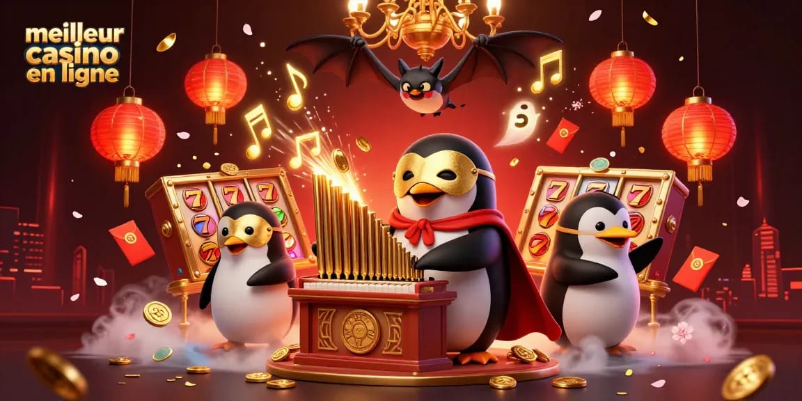 Récupérez les meilleures offres au meilleur casino en ligne avec un orgue à pièces dorées et des acrobates suspendus.