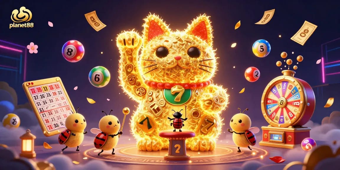 Experience big wins at planet88 with vibrant casino elements and a lucky cat illustration.