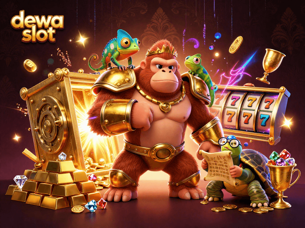 Engage with dewa slot through a colorful illustrated scene featuring a gorilla king, a chameleon spy, and a wise tortoise elder.