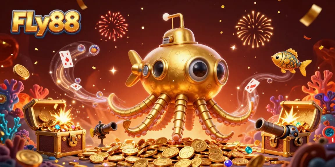 Engage with FLY88's vibrant casino adventures featuring a golden kraken and mechanical fish