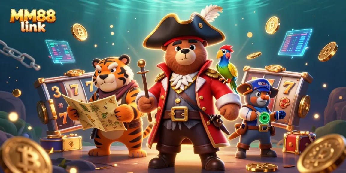 Engage with the exciting MM88 link world, featuring a pirate bear and friends exploring animated casino slots and riches.