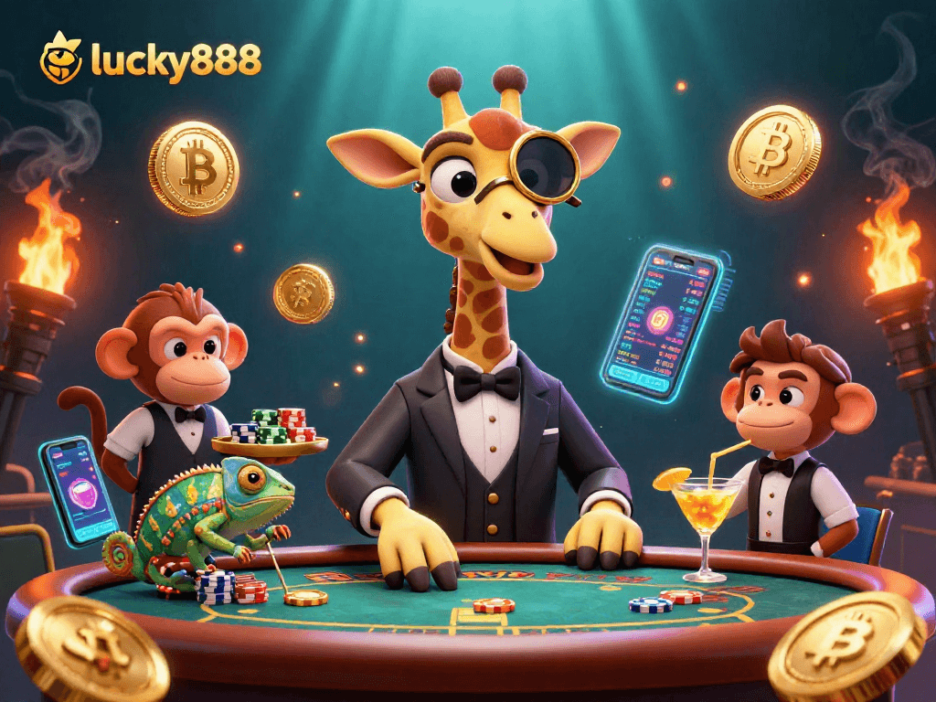 Experience high stakes with lucky888 at a vibrant poker table featuring unique casino characters.