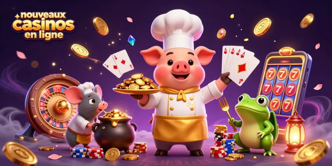 Les nouveaux casinos en ligne présentent un chef cochon et ses assistants dans un décor de jeu animé.