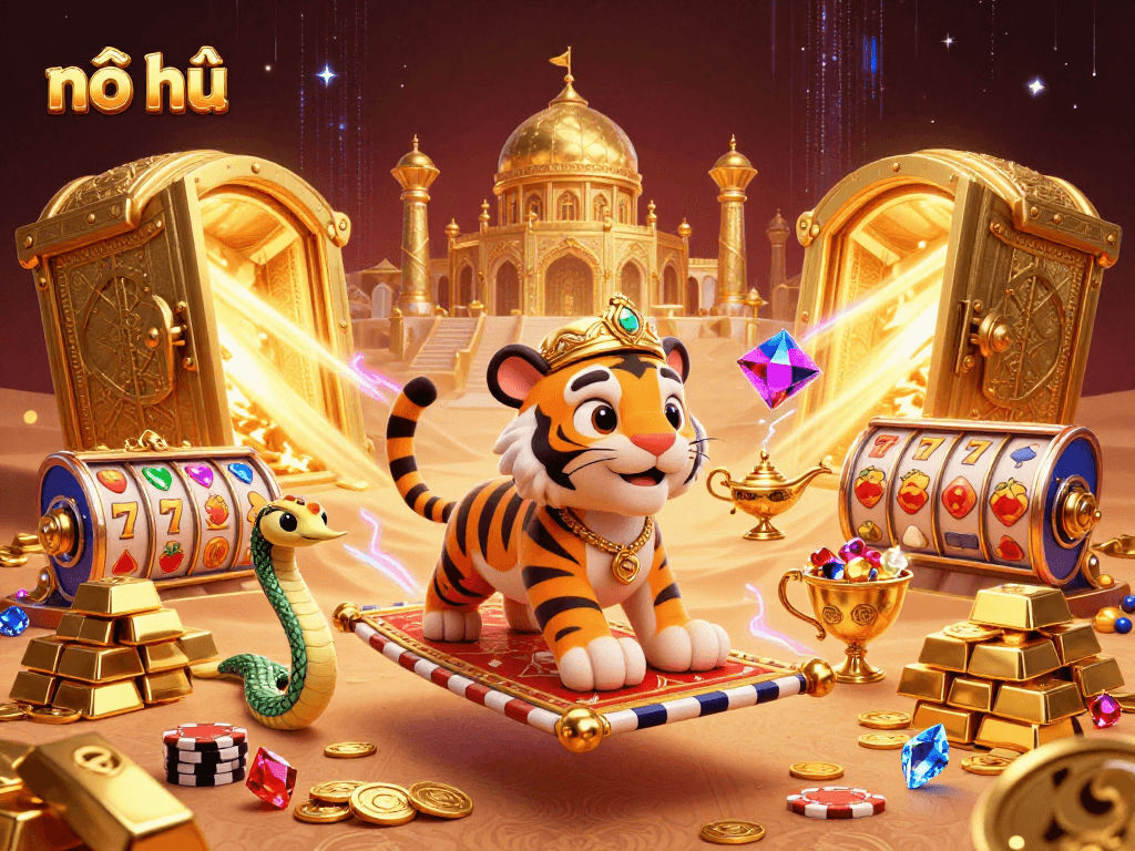 Experience the excitement of nổ hũ with a vibrant 3D casino illustration featuring a magical sultan and treasure elements.