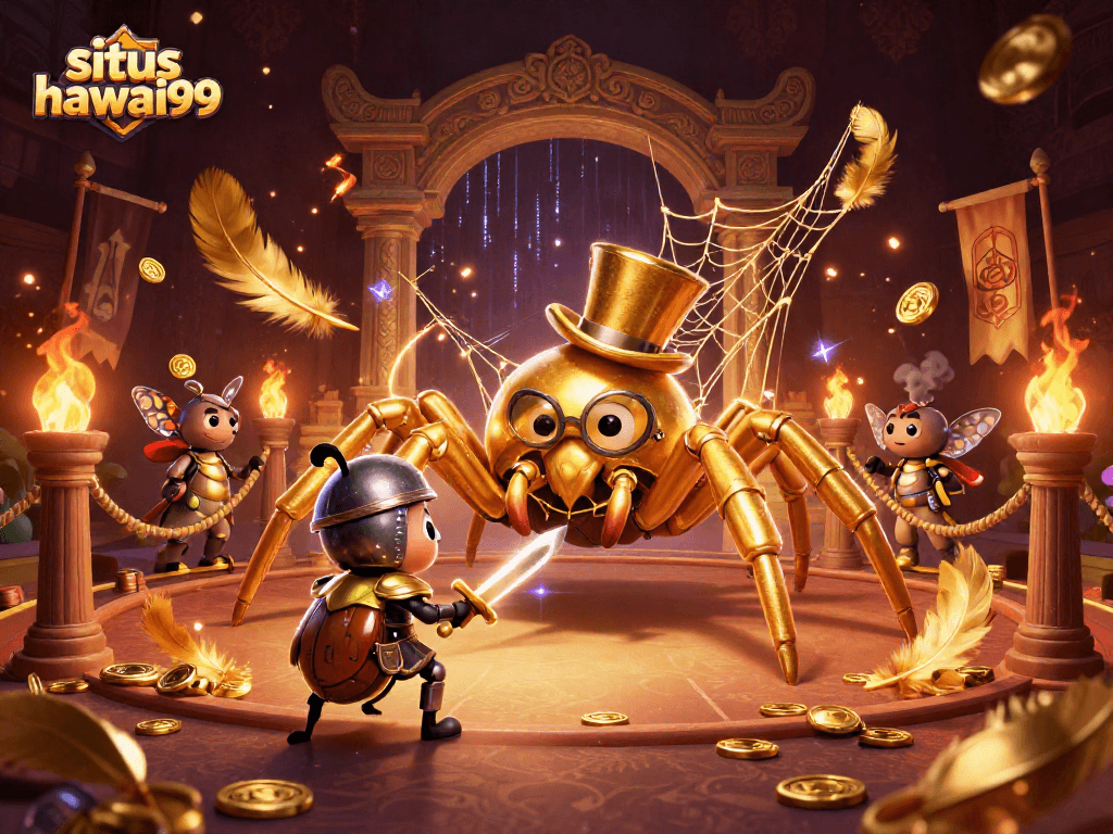 Engage with situs hawai99 and join a whimsical casino adventure featuring a golden tarantula and beetle knight.