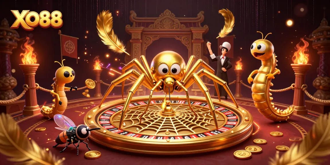 Engage in exciting gameplay at XO88 with a vibrant casino atmosphere featuring a unique golden spider and charming characters.