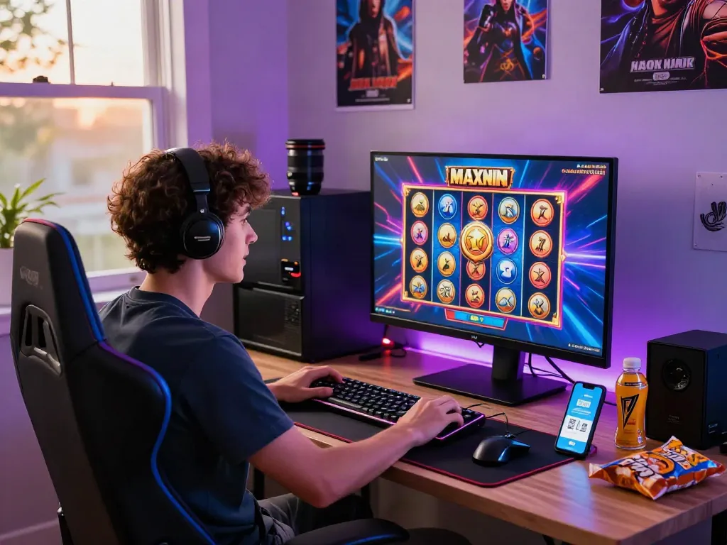 Player enjoying slot maxwin game at a vibrant gaming setup with quick QRIS deposit.