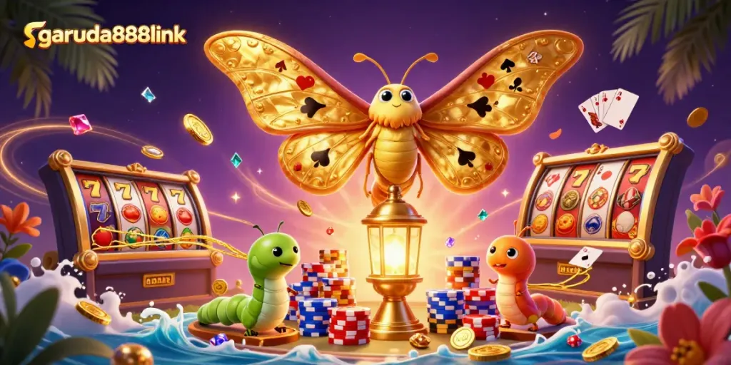 Experience the excitement of garuda888link with a vibrant 3D casino scene featuring lucky slot reels and dazzling gold.