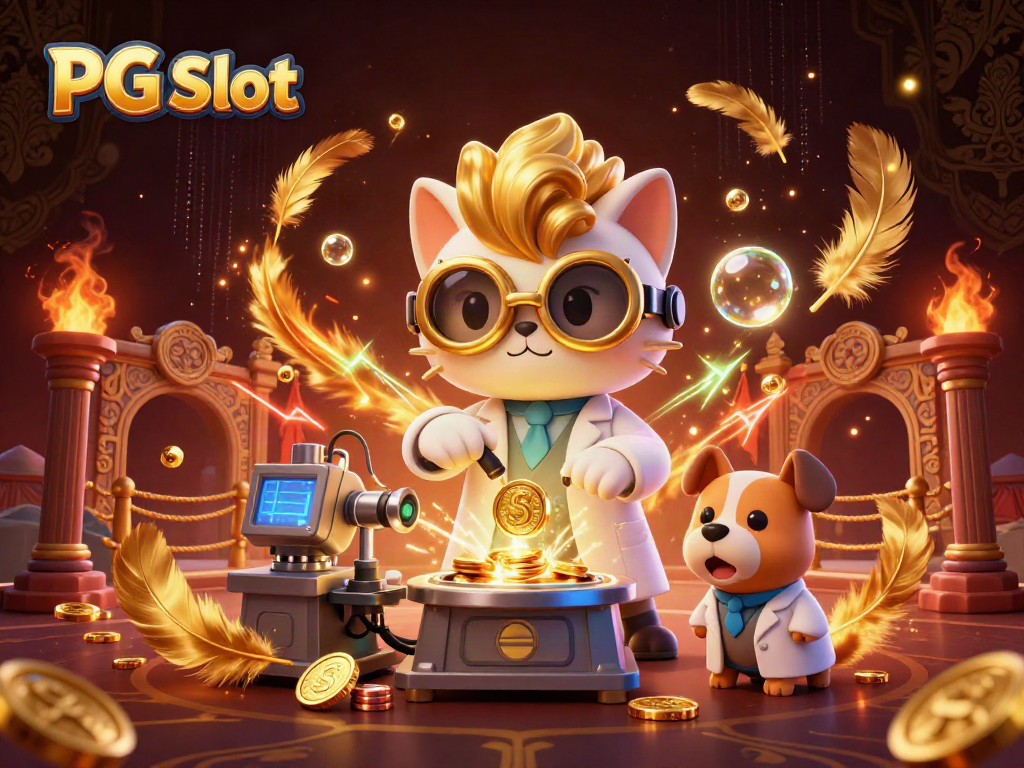 Engage with PG Slot as the mad scientist cat and assistant dog create a coin-replication machine in a vibrant casino setting.