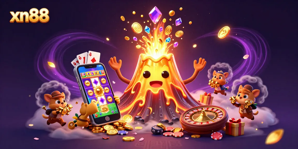 Experience thrilling gaming at xn88 with a dynamic 3D illustration of a golden volcano and treasure seekers amidst casino elements.