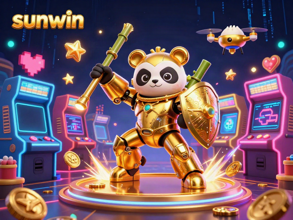 Enjoy the thrilling world of sunwin featuring a golden panda in a mech suit amidst vibrant casino elements.