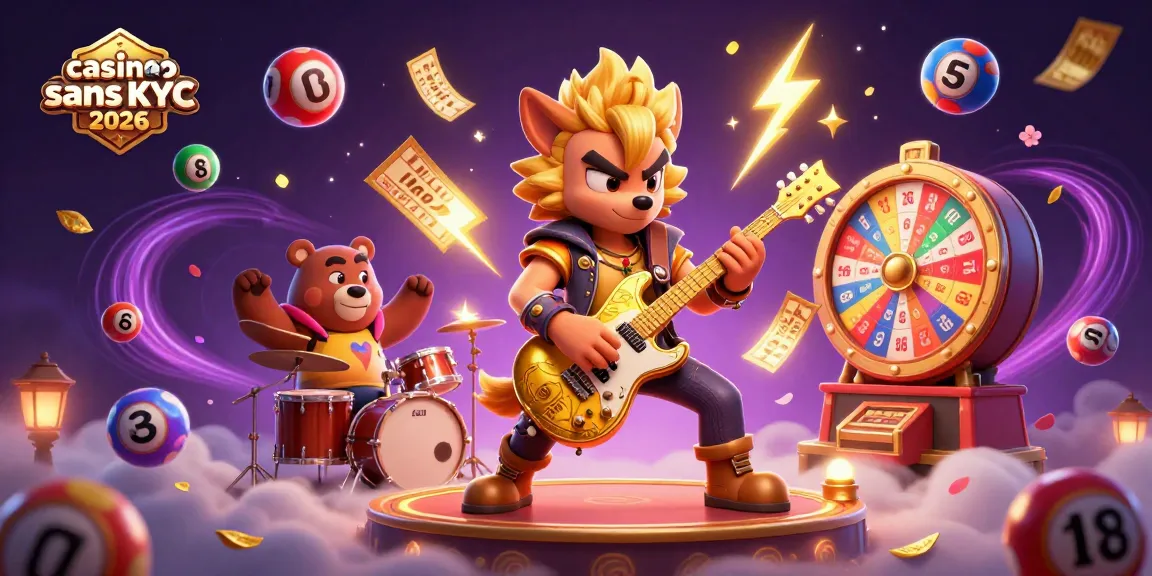 Illustration animée d'un casino crypto sans KYC 2026, avec des personnages dynamiques et des éléments de jeu colorés.