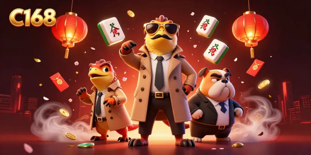 Experience the thrilling ambiance of C168's VIP casino lounge with dynamic characters and festive elements.