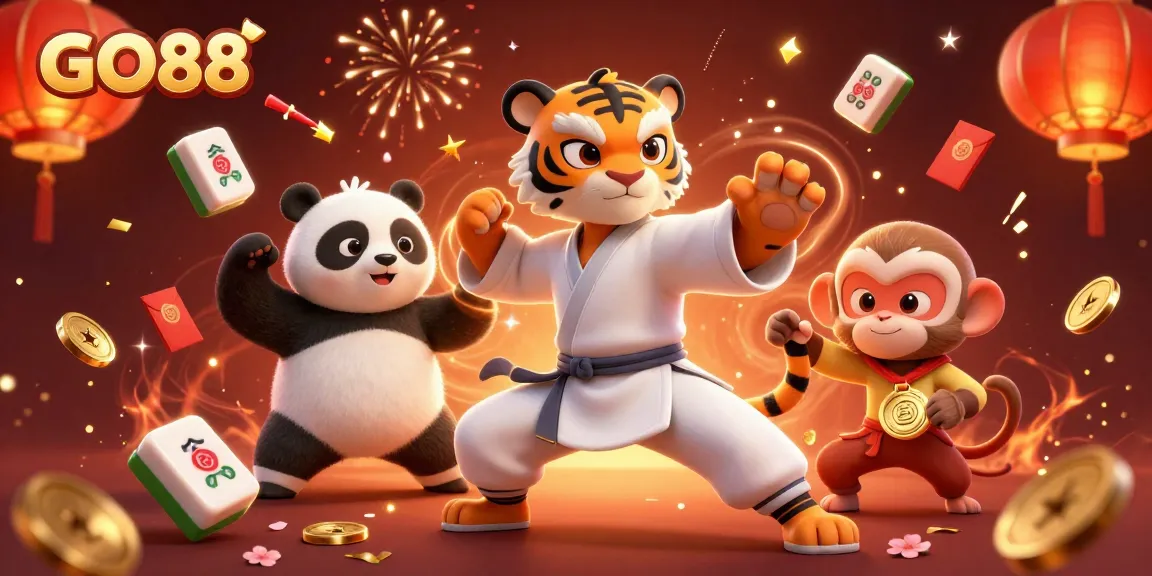 Engage in gaming at GO88 while admiring three characters performing martial arts in a vibrant casino scene.