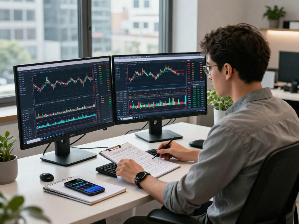 TradingView trading analysis workspace with professional charts and a trader focused on market insights.