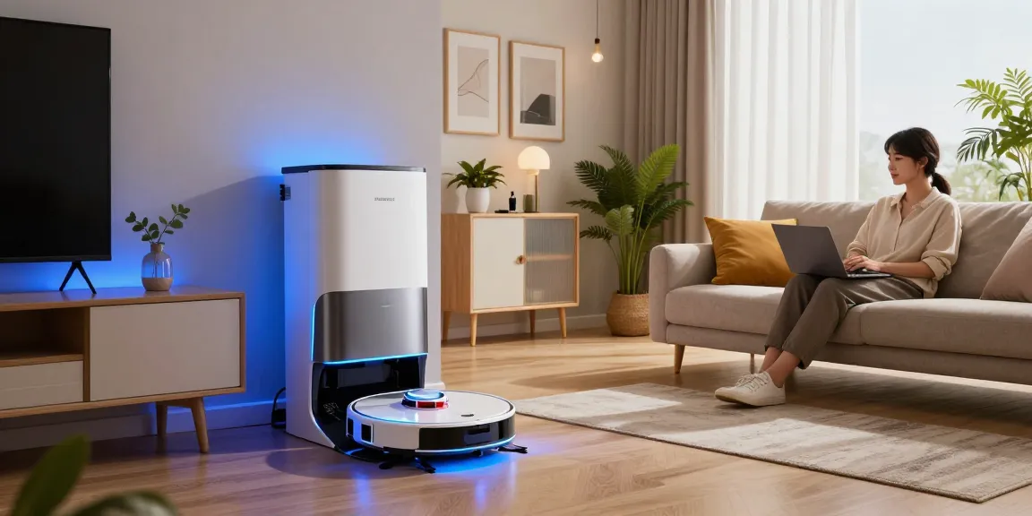 Roborock 2026 vacuum seamlessly cleaning a modern living room with smart devices, showcasing innovative home technology.