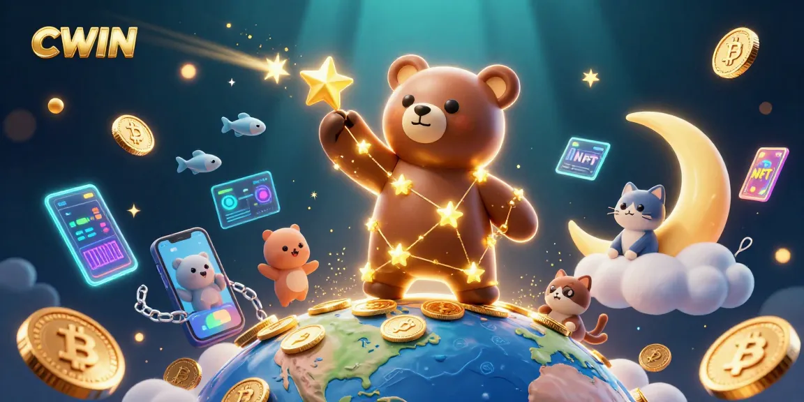 CWIN engages players with exciting slots and jackpot opportunities in a vibrant 3D casino illustration.