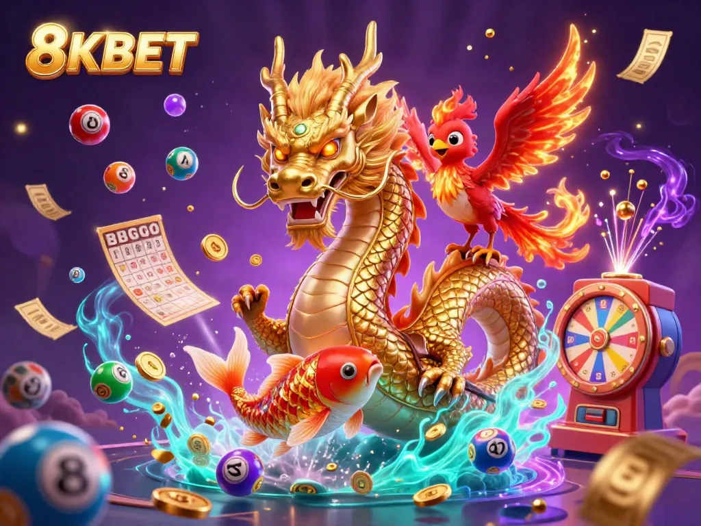 Experience the thrill of 8KBET with a dynamic scene celebrating lucky symbols in an engaging casino environment.