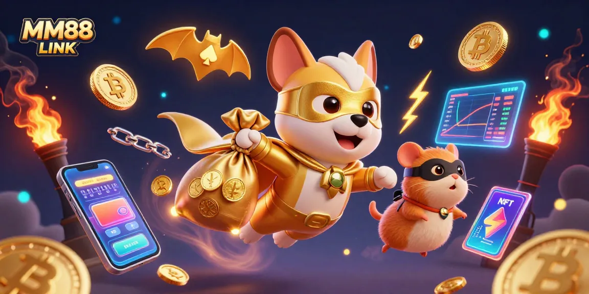 Experience the exciting MM88 LINK with a superhero dog flying in a vibrant casino world full of gold coins and crypto elements.