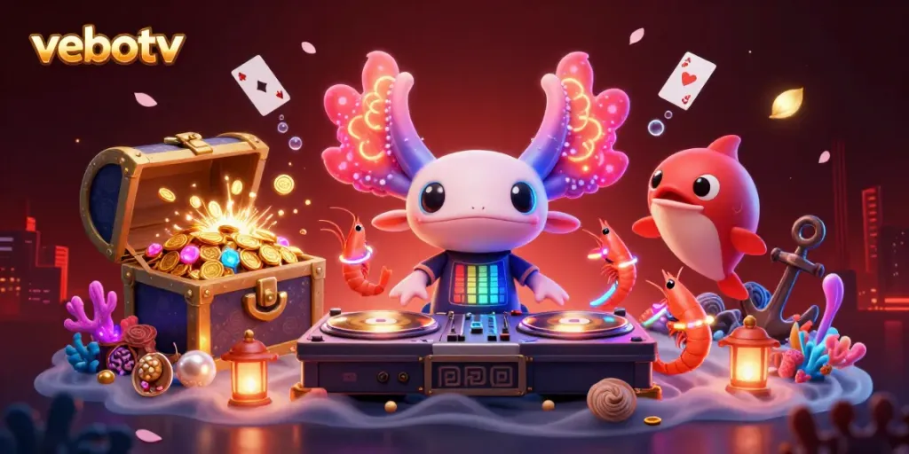 Experience the vibrant world of vebotv with a neon-themed underwater DJ scene, showcasing dynamic music and gaming elements.