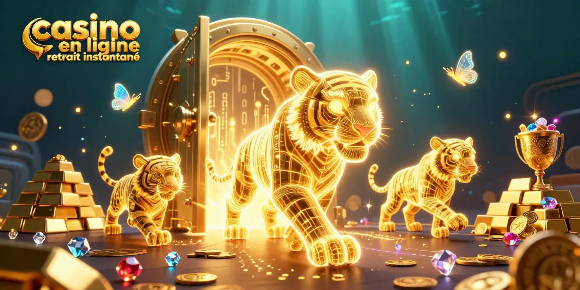Le casino en ligne retrait instantané séduit avec une illustration animée captivante de tigres et de trésors.