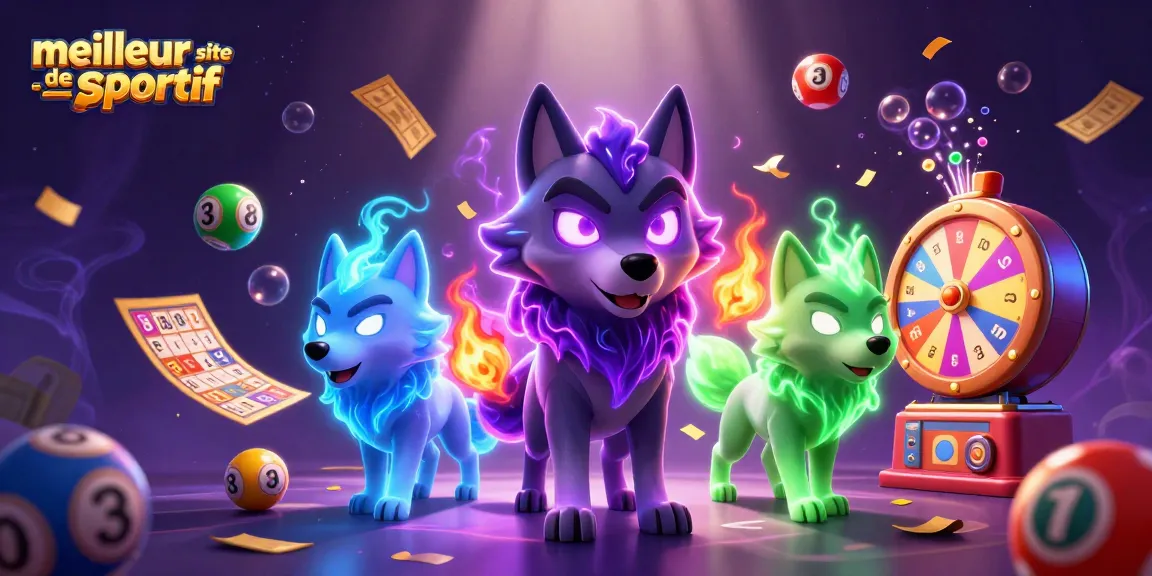 Illustration dynamique du meilleur site de pari sportif, avec des loups fantomatiques et des éléments de loterie.