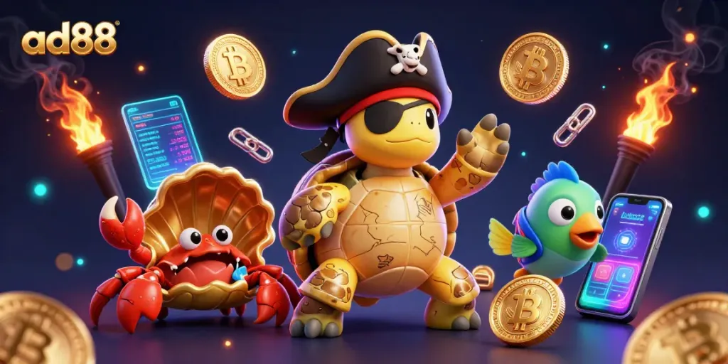 Ad88 showcases a vibrant 3D scene of cartoon characters amidst glowing crypto coins and casino elements.