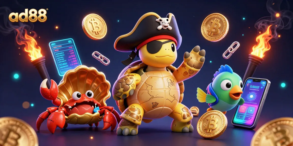 Ad88 showcases a vibrant 3D scene of cartoon characters amidst glowing crypto coins and casino elements.