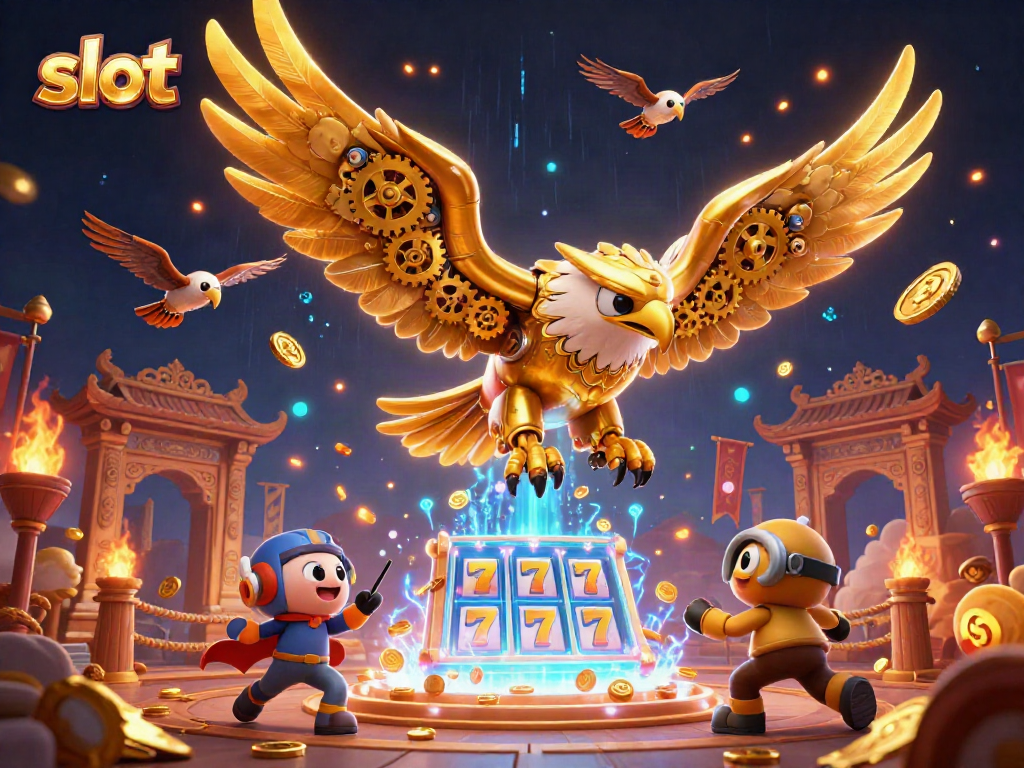Engaging slot gaming scene with a cybernetic golden eagle and dynamic elements.
