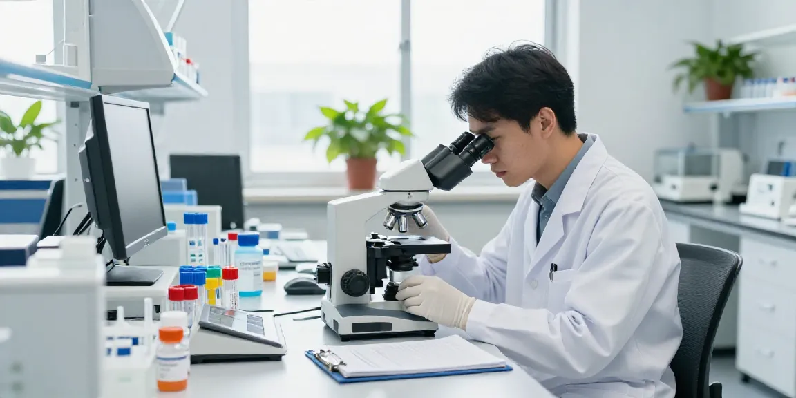 Researcher analyzing Swiss Chem peptide samples in modern lab.