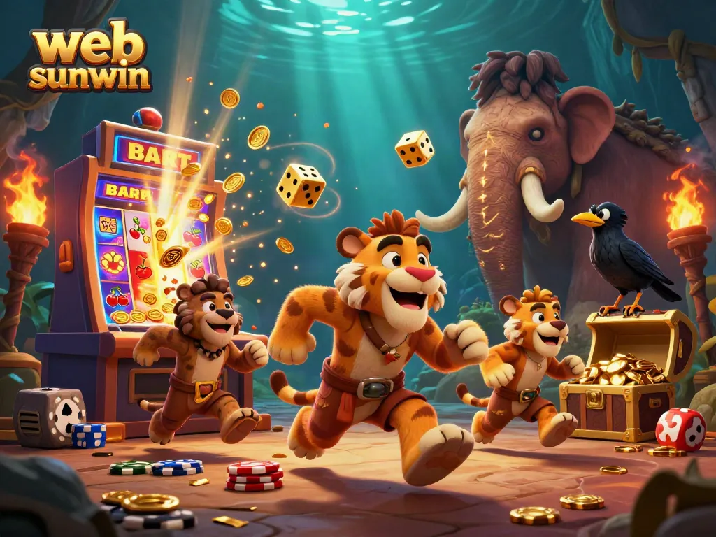 Engage in exclusive gaming with web sunwin at a dynamic prehistoric casino incorporating 3D characters and slot machines.