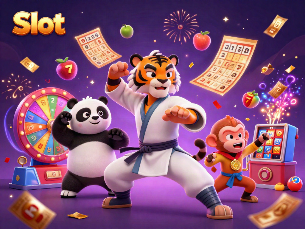 Mencoba Slot dengan harapan meraih jackpot, bersama karakter kartun kung fu dan panda dalam ilustrasi ceria.