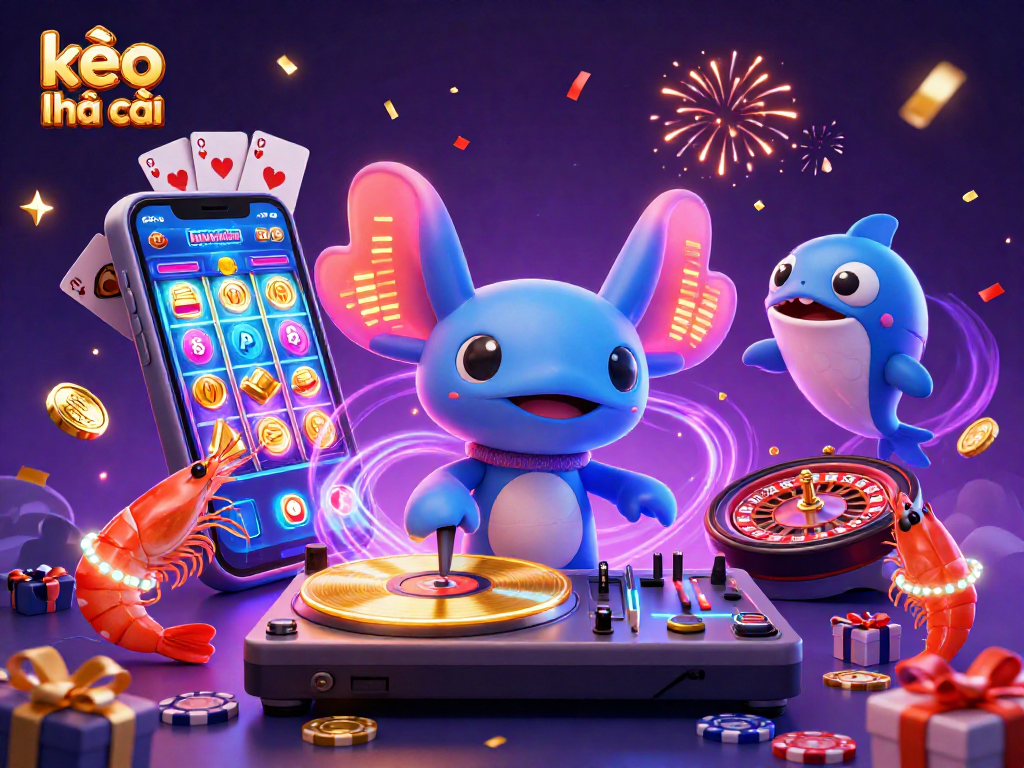 Engage with kèo nhà cái in a vibrant 3D scene featuring a DJ axolotl, dancing shrimp, and a hype-man blowfish amidst exciting casino elements.