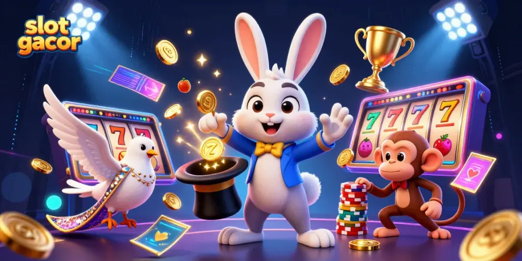 Experience slot gacor magic with a 3D cartoon magician pulling coins, featuring exciting casino elements.