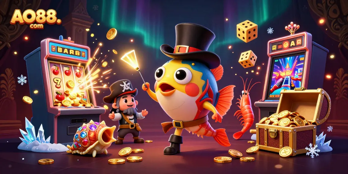 Engage with AO88. com's exciting 3D illustration featuring energetic sea creatures lured by casino games and gold coins.