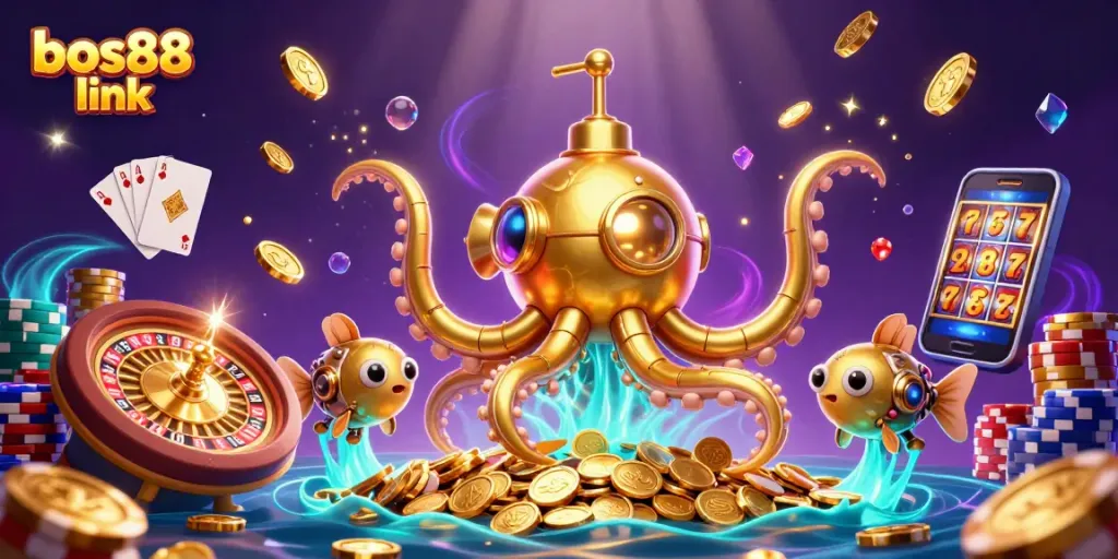 Mainkan bos88 link di dunia kasino dengan kraken emas dan uang koin bersinar.