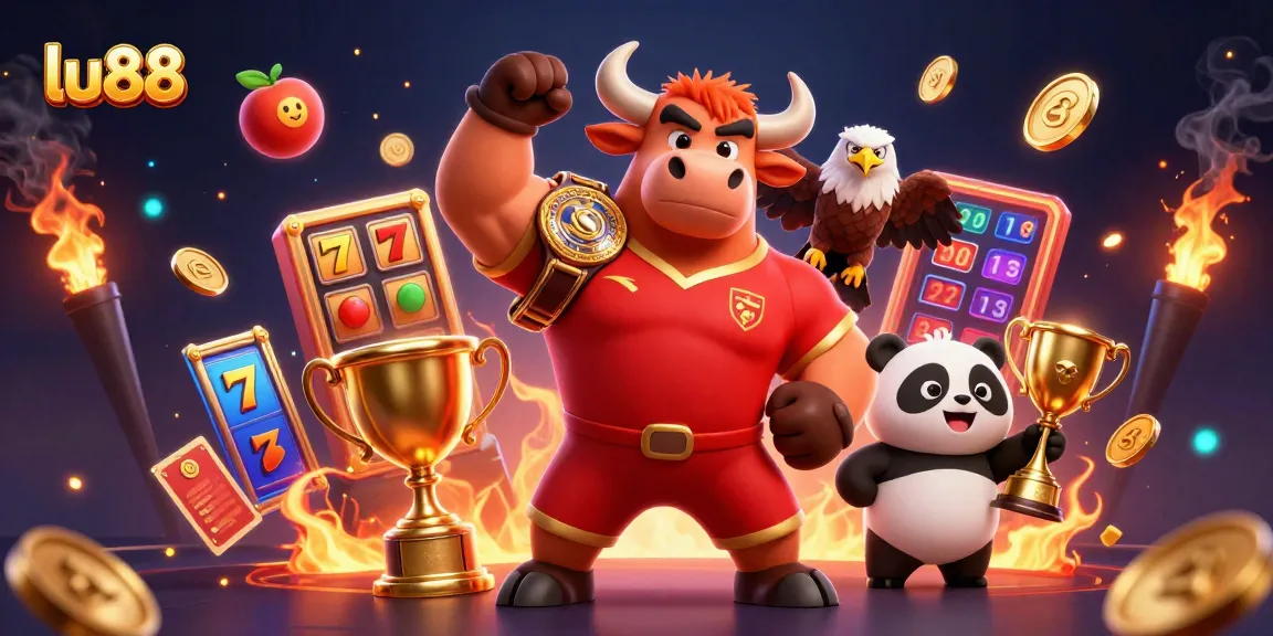 Play exciting games at lu88, featuring dynamic slot reels and cheerful characters celebrating wins.