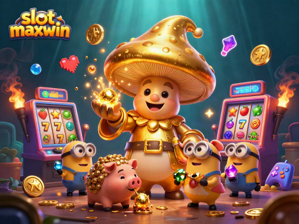 Experience the thrill of slot maxwin with vibrant characters amidst golden treasures and dynamic gaming elements.